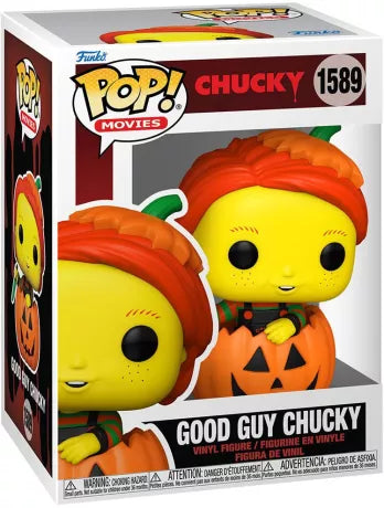 Funko Pop! Chucky – Good Guy Chucky (Vintage Halloween) N°1589. Figurine exclusive avec visage jaune vintage, citrouille sculptée et couteau iconique. Une pièce de collection incontournable pour les fans d’horreur et d’Halloween.