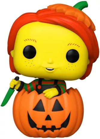 Funko Pop! Chucky – Good Guy Chucky (Vintage Halloween) N°1589. Figurine exclusive avec visage jaune vintage, citrouille sculptée et couteau iconique. Une pièce de collection incontournable pour les fans d’horreur et d’Halloween.