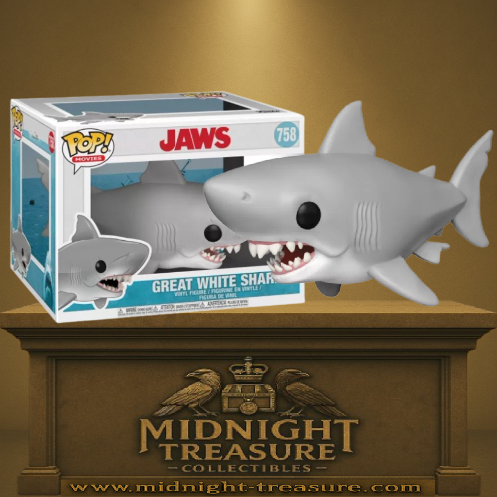 Funko Pop! Les Dents de la Mer – Great White Shark (N°758) – Super Sized. Figurine représentant le grand requin blanc avec ses mâchoires ouvertes et ses dents acérées. Une pièce culte et imposante pour les fans du film Jaws.