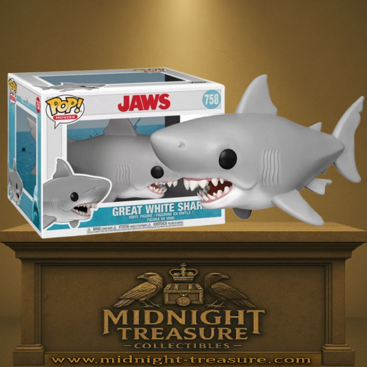 Funko Pop! Les Dents de la Mer – Great White Shark (N°758) – Super Sized. Figurine représentant le grand requin blanc avec ses mâchoires ouvertes et ses dents acérées. Une pièce culte et imposante pour les fans du film Jaws.