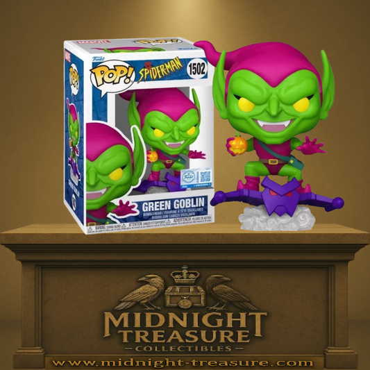 Funko Pop! Spider-Man – Green Goblin (N°1502). Figurine du Bouffon Vert sur son planeur avec bombe citrouille en main. Une pièce culte et diabolique pour les fans de Marvel.