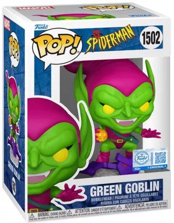 Funko Pop! Spider-Man – Green Goblin (N°1502). Figurine du Bouffon Vert sur son planeur avec bombe citrouille en main. Une pièce culte et diabolique pour les fans de Marvel.
