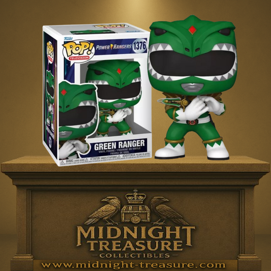 Funko Pop! Power Rangers – Green Ranger (N°1376). Ranger Vert avec casque dragon et Dagger en main. Une figurine dynamique et culte pour les fans de Power Rangers.