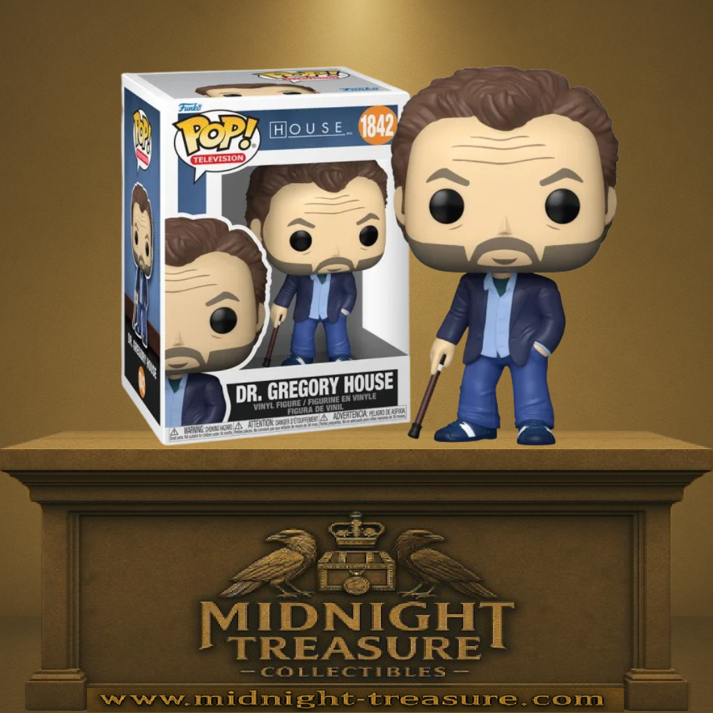 Funko Pop! House M.D. – Dr. Gregory House (N°1842). Figurine du Dr. House avec canne, tenue classique et expression sceptique iconique.