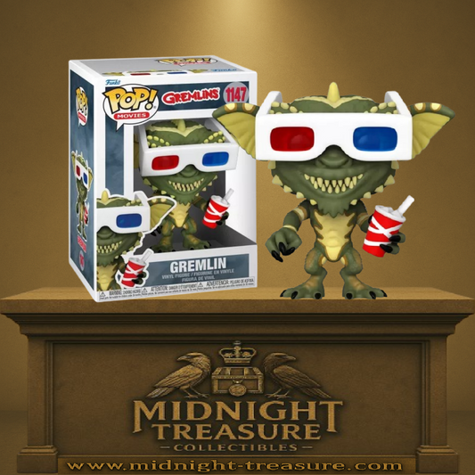 Funko Pop! Gremlins – Gremlin avec lunettes 3D (N°1147). Créature verte au sourire carnassier, portant des lunettes 3D rouges et bleues et tenant un soda. Une figurine rétro culte pour les fans du film fantastique.