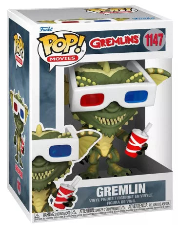 Funko Pop! Gremlins – Gremlin avec lunettes 3D (N°1147). Créature verte au sourire carnassier, portant des lunettes 3D rouges et bleues et tenant un soda. Une figurine rétro culte pour les fans du film fantastique.