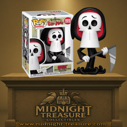 Funko Pop! The Grim Adventures of Billy & Mandy – Grim – N°1910 – 9 cm – Funko. Grim, en manteau noir avec sa faux, dans un style cartoon fidèle. Une Pop! incontournable pour les fans de la série animée culte.