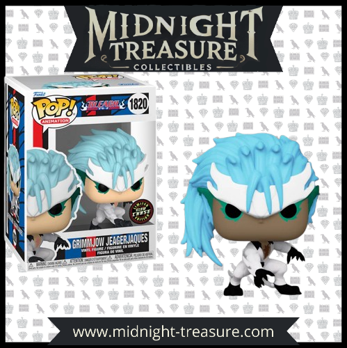 Funko Pop! Grimmjow Jaegerjaques (1820) – Chase Edition – Bleach. Figurine exclusive représentant Grimmjow dans une pose dynamique avec son masque fragmenté et son aura féroce. Une pièce rare pour les collectionneurs de Funko et fans de Bleach.