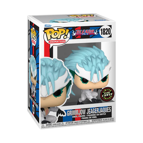 Funko Pop! Grimmjow Jaegerjaques (1820) – Chase Edition – Bleach. Figurine exclusive représentant Grimmjow dans une pose dynamique avec son masque fragmenté et son aura féroce. Une pièce rare pour les collectionneurs de Funko et fans de Bleach.