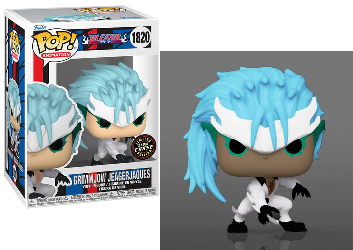 Funko Pop! Grimmjow Jaegerjaques (1820) – Chase Edition – Bleach. Figurine exclusive représentant Grimmjow dans une pose dynamique avec son masque fragmenté et son aura féroce. Une pièce rare pour les collectionneurs de Funko et fans de Bleach.