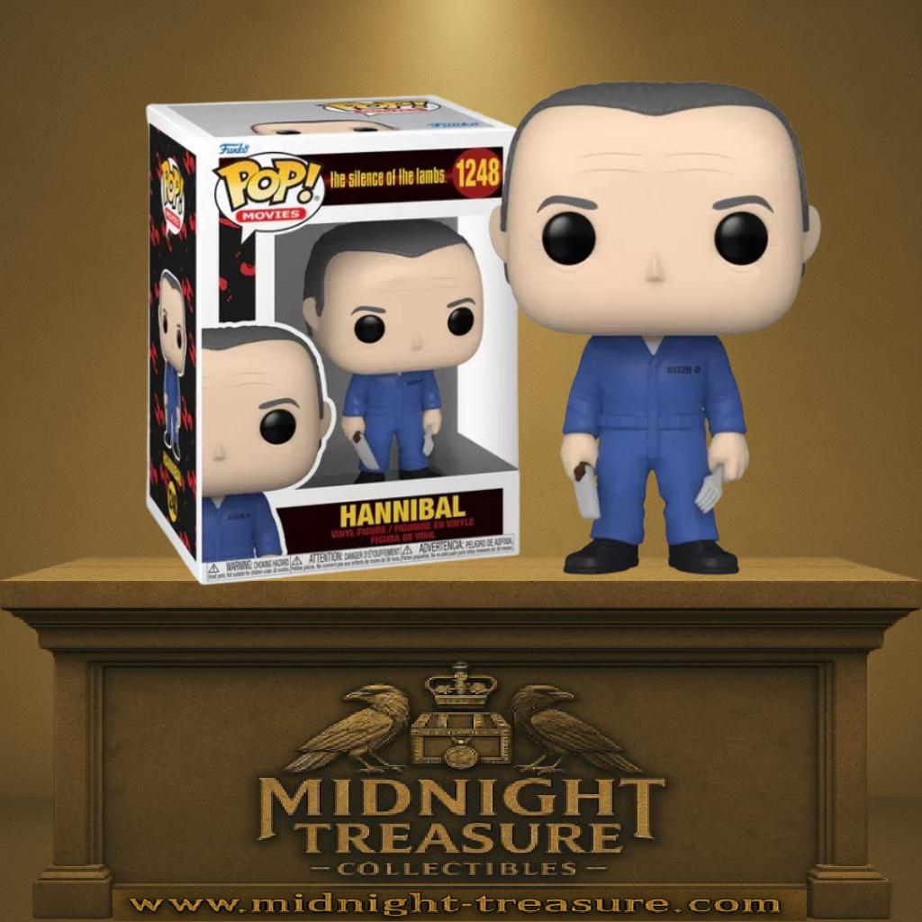Funko Pop! The Silence of the Lambs – Hannibal Lecter (N°1248). Figurine du tueur en tenue bleue tenant un couteau et une fourchette, design fidèle au film culte.