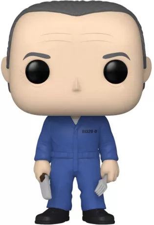 Funko Pop! The Silence of the Lambs – Hannibal Lecter (N°1248). Figurine du tueur en tenue bleue tenant un couteau et une fourchette, design fidèle au film culte.