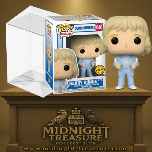 Funko Pop! Dumb and Dumber – Harry Dunne in Tux (N°1040, Chase). Harry en costume bleu pastel avec deux verres à la main. Une version rare et hilarante pour les fans du film