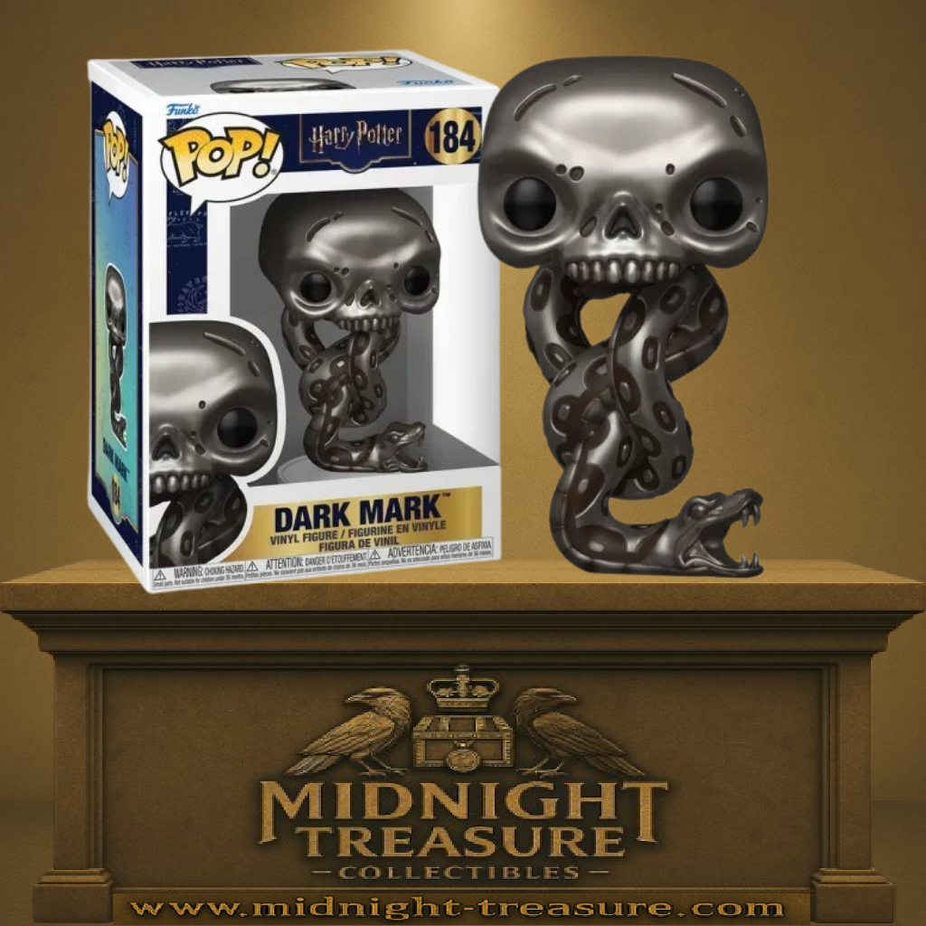 Funko Pop! Harry Potter – Dark Mark (N°184). Figurine représentant le crâne et le serpent de la Marque des Ténèbres, symbole mythique des Mangemorts. Un design sombre et saisissant pour les fans de l’univers de Poudlard.