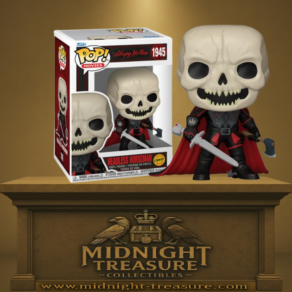 Funko Pop! Sleepy Hollow – Headless Horseman (N°1945 CHASE). Figurine du Cavalier sans tête avec crâne osseux, épée et hache, tenue noire et cape rouge.
