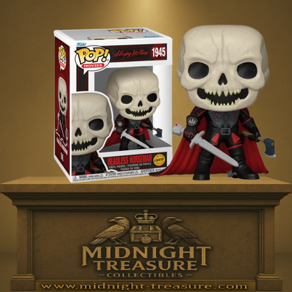 Funko Pop! Sleepy Hollow – Headless Horseman (N°1945 CHASE). Figurine du Cavalier sans tête avec crâne osseux, épée et hache, tenue noire et cape rouge.