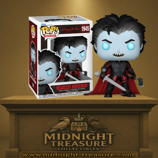 Funko Pop! Sleepy Hollow – Headless Horseman (N°1945). Figurine du Cavalier sans Tête en armure noire et cape rouge, brandissant une épée et une hache, inspirée du film de Tim Burton.