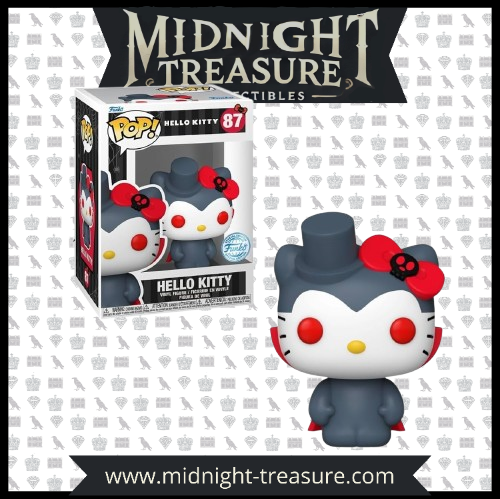 Funko Pop! Hello Kitty (87) – Édition spéciale Vampire Exclusive, figurine vinyle représentant Hello Kitty en vampire avec un chapeau haut de forme, une robe noire et un nœud orné d’un crâne, alliant kawaii et gothique.