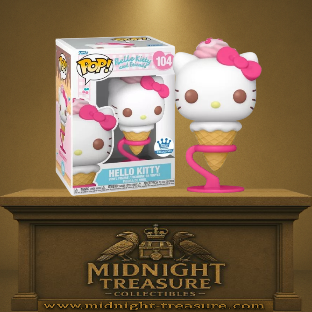 Funko Pop! Sanrio – Hello Kitty Ice Cream Cone (N°104). Figurine exclusive de Hello Kitty transformée en glace, avec cornet gaufré, crème rose et nœud kawaii. Une pièce adorable et incontournable pour les fans de Sanrio.