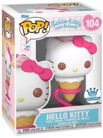 Funko Pop! Sanrio – Hello Kitty Ice Cream Cone (N°104). Figurine exclusive de Hello Kitty transformée en glace, avec cornet gaufré, crème rose et nœud kawaii. Une pièce adorable et incontournable pour les fans de Sanrio.