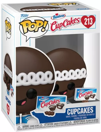 "Funko Pop! Icônes de Pub – Hostess CupCakes (213). CupCake souriant avec glaçage chocolat et spirale blanche, tenant une boîte Hostess CupCakes. Une figurine gourmande et nostalgique pour les fans de culture américaine."

