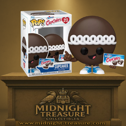 "Funko Pop! Icônes de Pub – Hostess CupCakes (213). CupCake souriant avec glaçage chocolat et spirale blanche, tenant une boîte Hostess CupCakes. Une figurine gourmande et nostalgique pour les fans de culture américaine."


