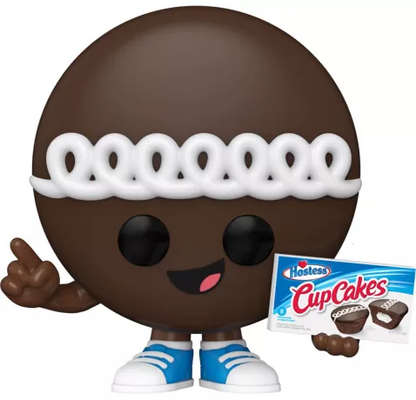 "Funko Pop! Icônes de Pub – Hostess CupCakes (213). CupCake souriant avec glaçage chocolat et spirale blanche, tenant une boîte Hostess CupCakes. Une figurine gourmande et nostalgique pour les fans de culture américaine."

