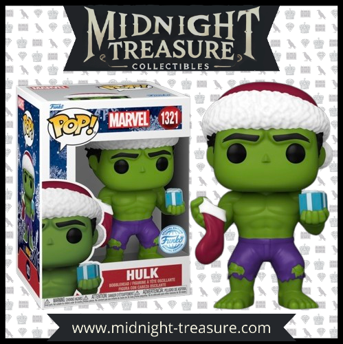 "Funko Pop! Marvel – Hulk (1321) en version festive. Le géant vert en tenue de Noël, tenant une chaussette et un cadeau, prêt à célébrer les fêtes avec style. Un ajout unique et festif pour les fans de l'univers Marvel !"

