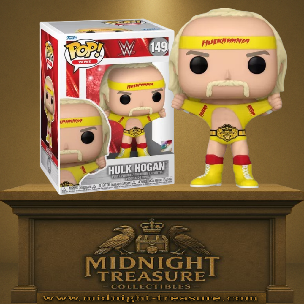 Funko Pop! WWE – Hulk Hogan (N°149). Figurine en tenue jaune "Hulkamania", ceinture de champion et pose iconique déchirant son t-shirt. Une pièce incontournable pour les fans de catch et de la WWE.