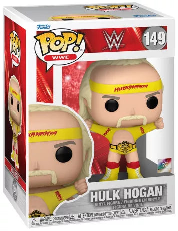 Funko Pop! WWE – Hulk Hogan (N°149). Figurine en tenue jaune "Hulkamania", ceinture de champion et pose iconique déchirant son t-shirt. Une pièce incontournable pour les fans de catch et de la WWE.