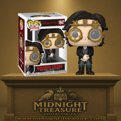 Funko Pop! Sleepy Hollow – Ichabod Crane (N°1947). Figurine du détective victorien avec lunettes steampunk dorées, inspirée du film culte de Tim Burton.