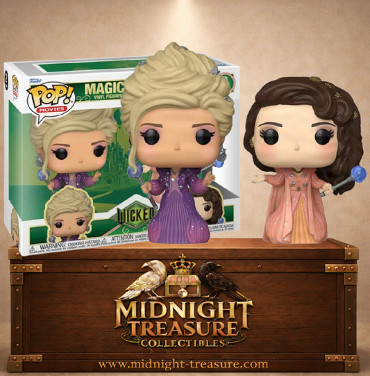 Funko Pop! Wicked – Idina Menzel et Kristin Chenoweth Magical Wise Ones – duo de sorcières avec baguettes et tenues élégantes. Une figurine parfaite pour les fans de Wicked.