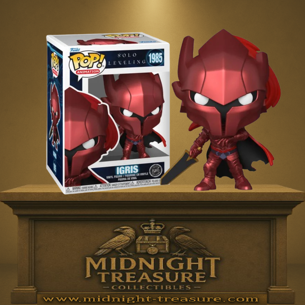 Funko Pop! Solo Leveling – Igris (N°1985) Chase. Armure rouge intégrale avec cape assortie, épée noire et or, yeux blancs brillants. Édition rare et impressionnante pour les fans de Solo Leveling.

