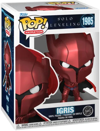 Funko Pop! Solo Leveling – Igris (N°1985) Chase. Armure rouge intégrale avec cape assortie, épée noire et or, yeux blancs brillants. Édition rare et impressionnante pour les fans de Solo Leveling.

