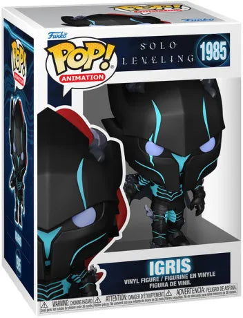 Funko Pop! Solo Leveling – Igris (N°1985). Chevalier en armure noire avec lignes bleu cyan, cape rouge et yeux violets lumineux, tenant une épée noire. Une figurine impressionnante pour les fans de Solo Leveling.

