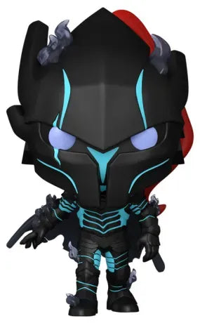 Funko Pop! Solo Leveling – Igris (N°1985). Chevalier en armure noire avec lignes bleu cyan, cape rouge et yeux violets lumineux, tenant une épée noire. Une figurine impressionnante pour les fans de Solo Leveling.

