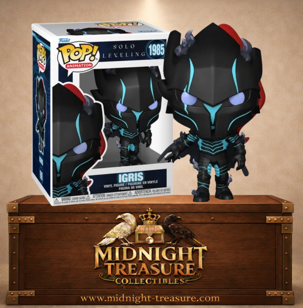 Funko Pop! Solo Leveling – Igris (N°1985). Chevalier en armure noire avec lignes bleu cyan, cape rouge et yeux violets lumineux, tenant une épée noire. Une figurine impressionnante pour les fans de Solo Leveling.
