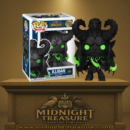 Funko Pop! World of Warcraft – Illidan Stormrage CHASE (N°1101). Version noire avec effets verts fluorescents, détaillée et impressionnante, parfaite pour les fans de Warcraft.