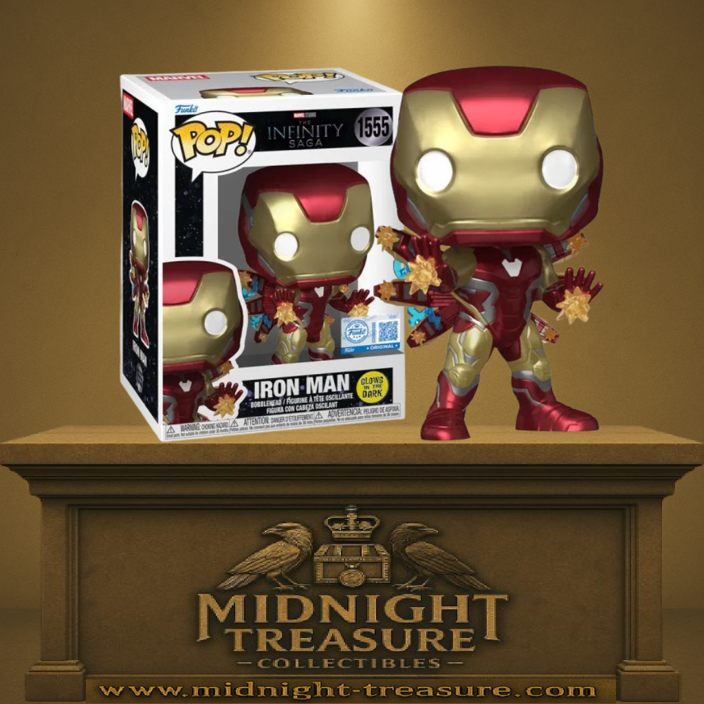 Funko Pop! The Infinity Saga – Iron Man Glow in the Dark (N°1555). Iron Man en armure rouge et or avec effets d’énergie lumineux. Figurine détaillée et dynamique.