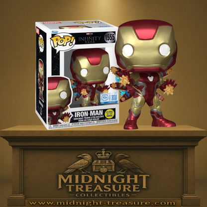 Funko Pop! The Infinity Saga – Iron Man Glow in the Dark (N°1555). Iron Man en armure rouge et or avec effets d’énergie lumineux. Figurine détaillée et dynamique.