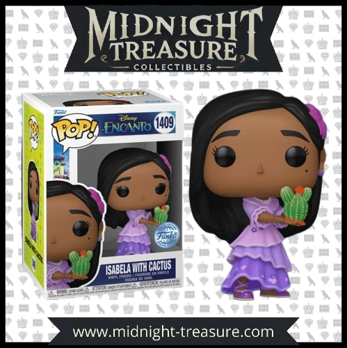 "Funko Pop! Encanto – Isabela with Cactus (1409). Isabela dans sa robe violette signature, tenant un cactus, symbole de sa capacité à créer la vie végétale de manière inattendue. Une figurine parfaite pour les fans du film Encanto de Disney et des personnages magiques de la famille Madrigal !"

