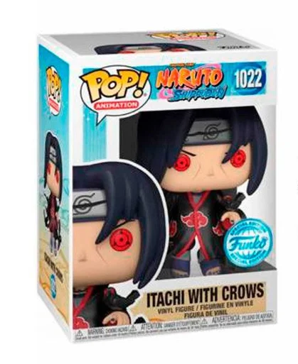 Funko Pop! Naruto Shippuden – Itachi Uchiha with Crows (N°1022). Figurine exclusive avec cape de l’Akatsuki, Sharingan rouge et corbeaux en vol. Une pièce culte et sombre pour les fans du clan Uchiha.