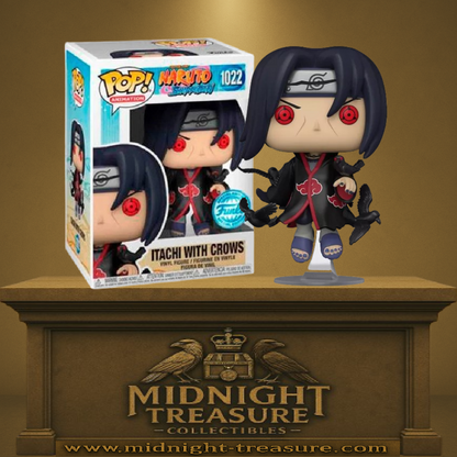 Funko Pop! Naruto Shippuden – Itachi Uchiha with Crows (N°1022). Figurine exclusive avec cape de l’Akatsuki, Sharingan rouge et corbeaux en vol. Une pièce culte et sombre pour les fans du clan Uchiha.