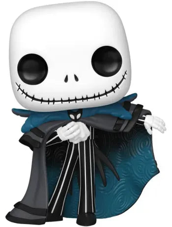 Funko Pop! The Nightmare Before Christmas – Jack Skellington (N°1604). Figurine élégante avec cape bleue et costume rayé noir et blanc, inspirée du film culte de Tim Burton.