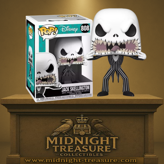 Funko Pop! L’Étrange Noël de Monsieur Jack – Jack Skellington – N°808 – 9 cm – Funko. Jack avec la bouche grande ouverte et costume rayé. Une Pop! théâtrale et culte pour les fans de Tim Burton.