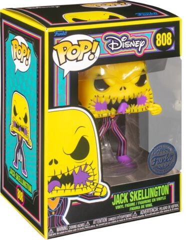 "Funko Pop! Disney – Jack Skellington Scary Face (808). Jack tirant sa bouche en posture effrayante, costume rayé violet et rouge, version Blacklight fluorescente. Une pièce collector pour les fans de L’Étrange Noël de Monsieur Jack."

