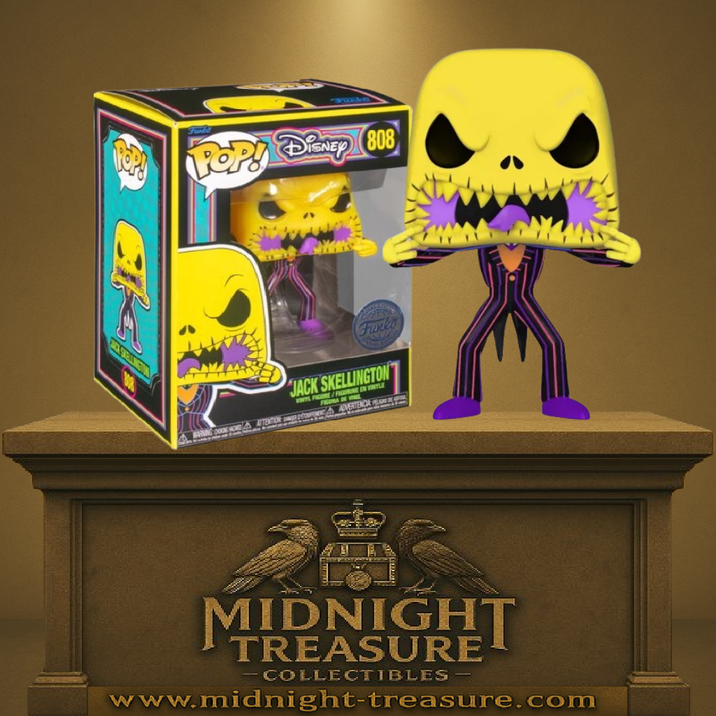 "Funko Pop! Disney – Jack Skellington Scary Face (808). Jack tirant sa bouche en posture effrayante, costume rayé violet et rouge, version Blacklight fluorescente. Une pièce collector pour les fans de L’Étrange Noël de Monsieur Jack."

