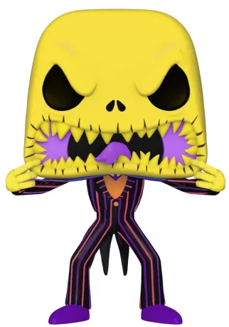 "Funko Pop! Disney – Jack Skellington Scary Face (808). Jack tirant sa bouche en posture effrayante, costume rayé violet et rouge, version Blacklight fluorescente. Une pièce collector pour les fans de L’Étrange Noël de Monsieur Jack."

