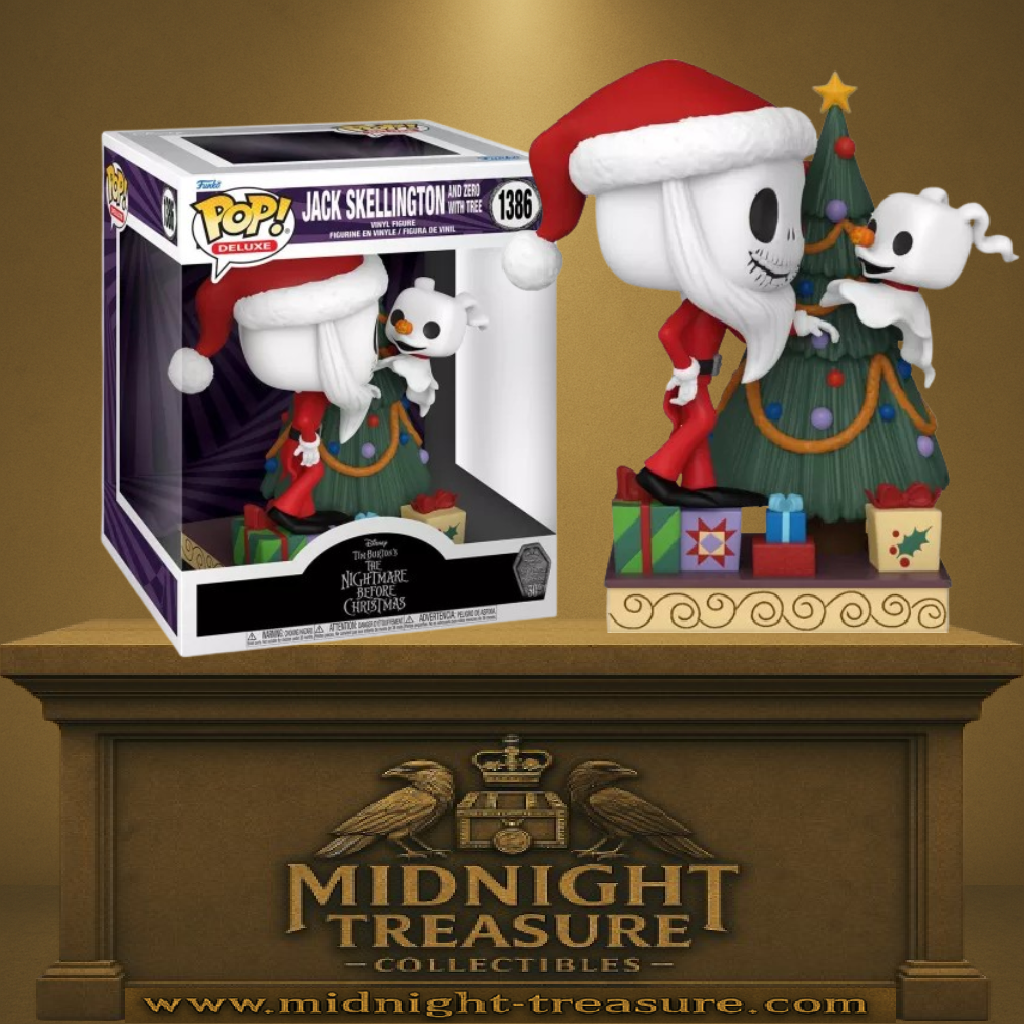Funko Pop! Deluxe L'Étrange Noël de Monsieur Jack 1386 - Jack Skellington avec Zéro. Jack en tenue de Père Noël à côté d’un sapin décoré, accompagné de son chien fantôme Zéro. Une figurine idéale pour les fans de Tim Burton et de l'univers Disney