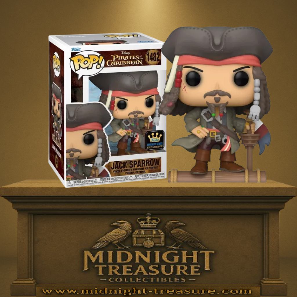 Funko Pop! Pirates of the Caribbean – Jack Sparrow (N°1482). Figurine exclusive Specialty Series représentant le capitaine sur un radeau avec son célèbre chapeau et sabre.